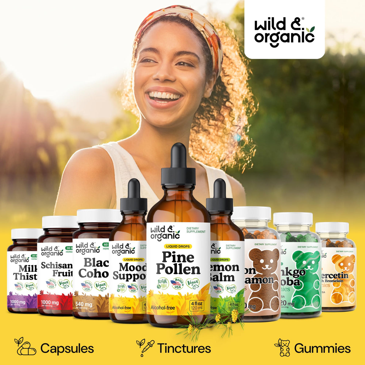 Bouteille de Teinture de Pollen de Pin Wild & Organic sur un fond en bois