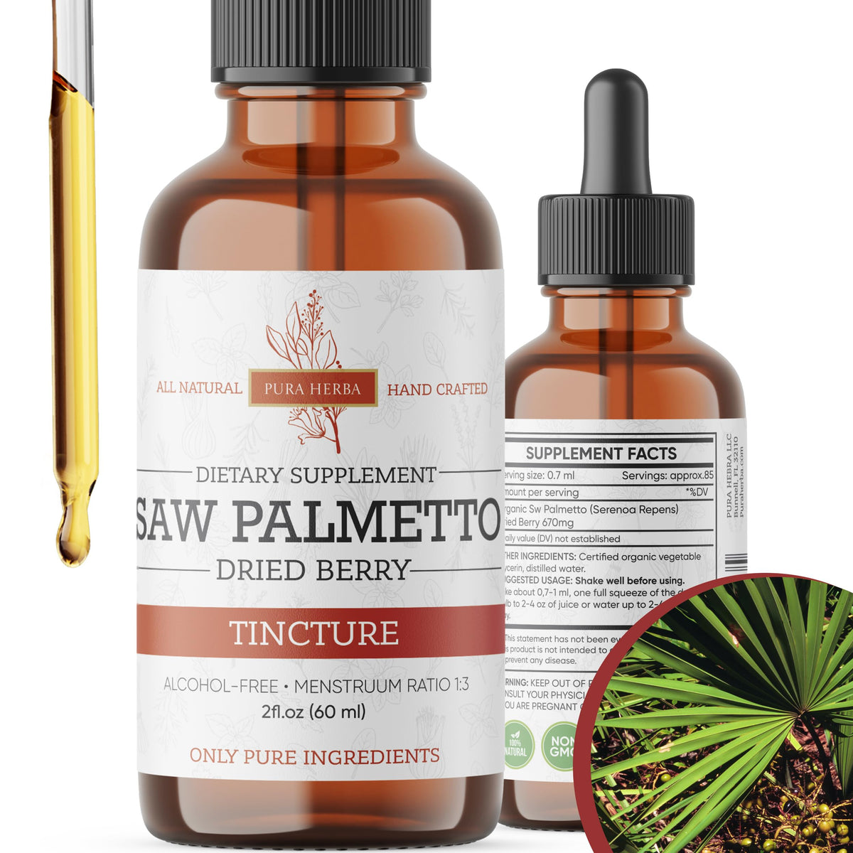 Bouteille de teinture de Saw Palmetto Pura Herba 60 ml vue de face