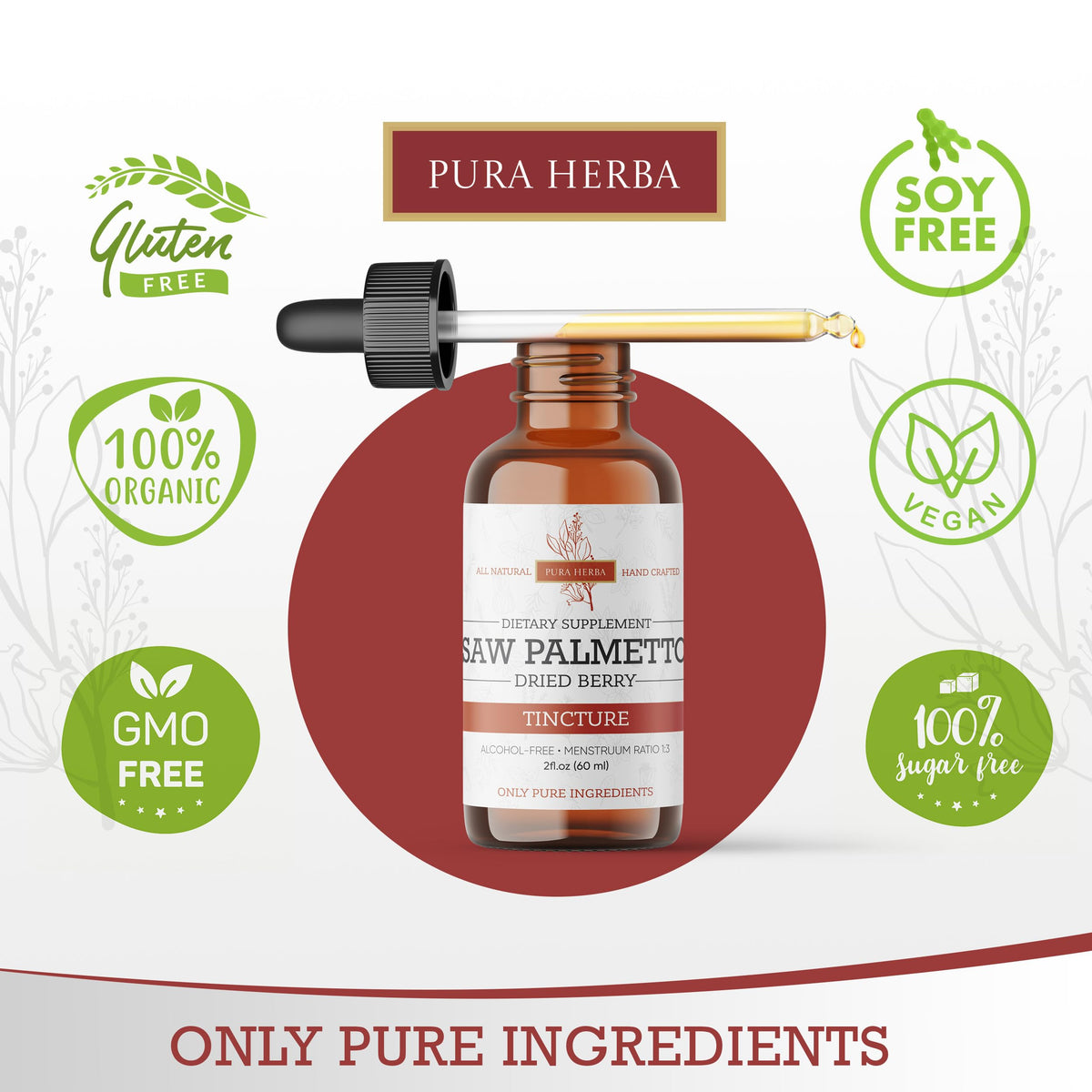 Bouteille de teinture de Saw Palmetto Pura Herba à côté d'un verre d'eau