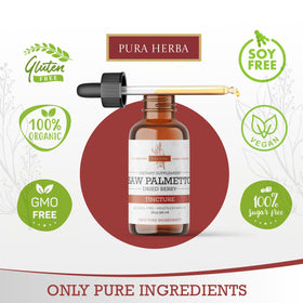 Bouteille de teinture de Saw Palmetto Pura Herba à côté d'un verre d'eau