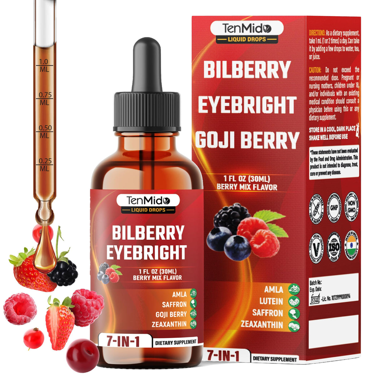 Bouteille de Tenmido Extrait de Myrtille Liquide 30ml vue de face