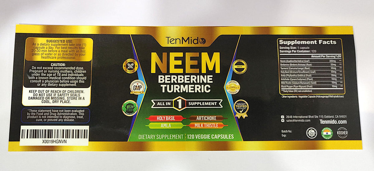 Bouteille de Tenmido Neem ouverte montrant les capsules