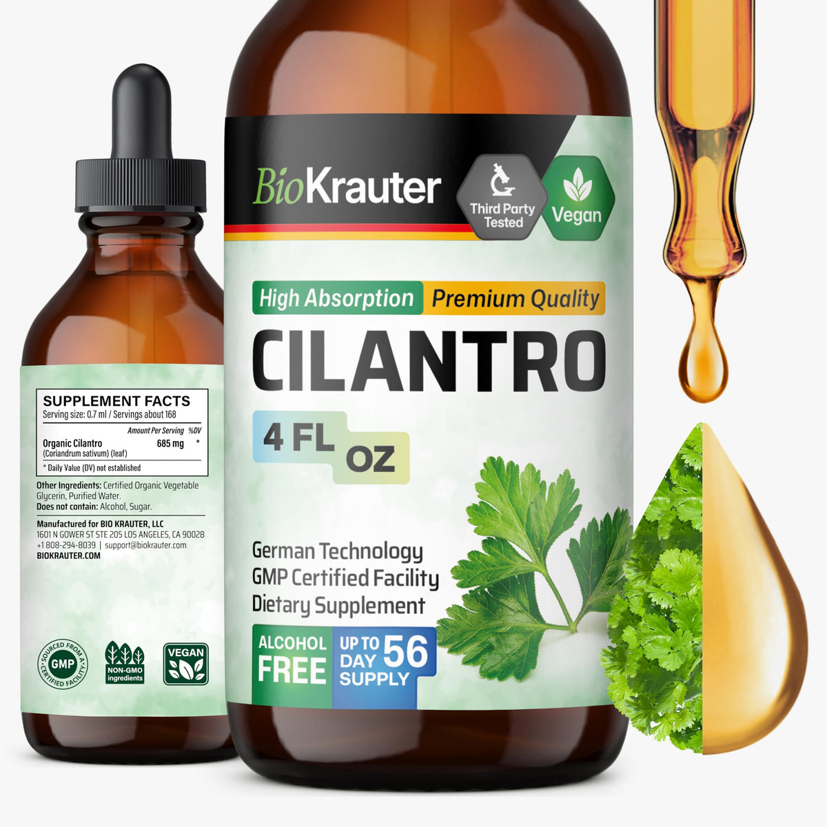 Bouteille de tincture de coriandre BIO KRAUTER 4 fl oz vue de face
