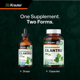 Bouteille de tincture de coriandre BIO KRAUTER avec une cuillère doseuse