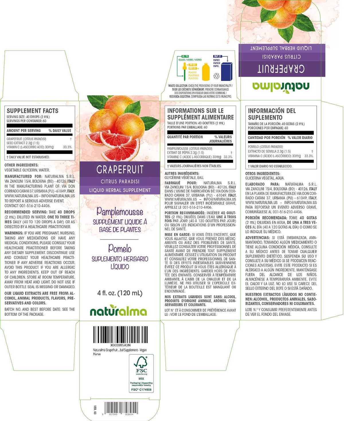 Bouteille de Tincture de Graines de Pamplemousse Naturalma avec étiquette