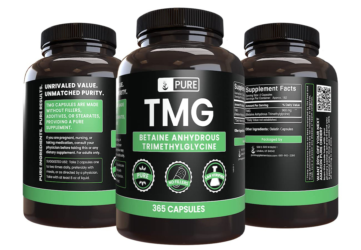 Bouteille de TMG Capsules 365 pièces avec étiquette visible