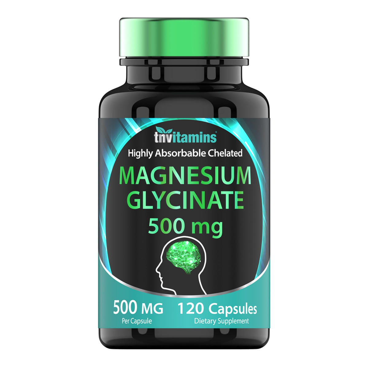 Bouteille de tnvitamins Magnésium Glycinate 500mg 120 capsules vue de face