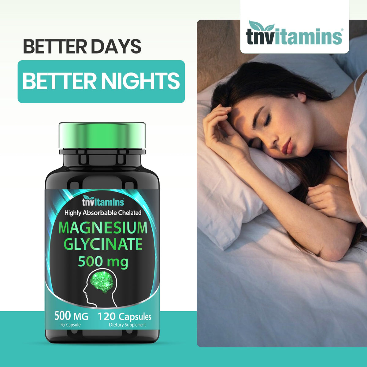 Bouteille de tnvitamins Magnésium Glycinate 500mg avec étiquette visible