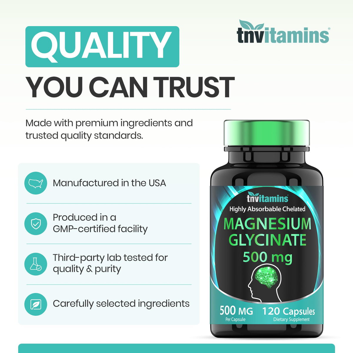 Bouteille de tnvitamins Magnésium Glycinate 500mg sur un fond neutre