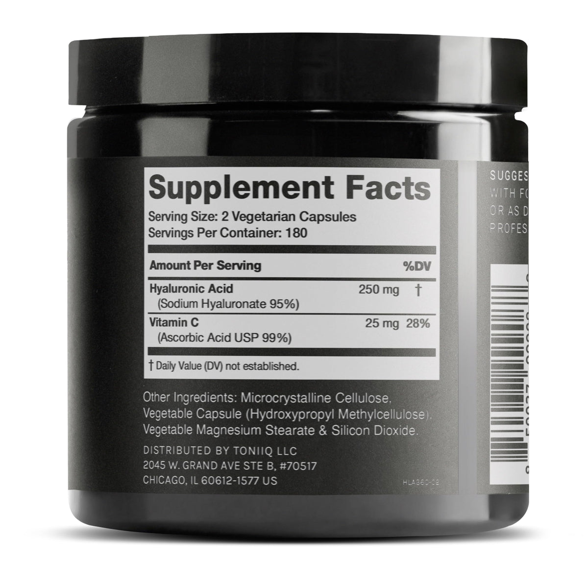 Bouteille de Toniiq Acide Hyaluronique 250mg vue de profil