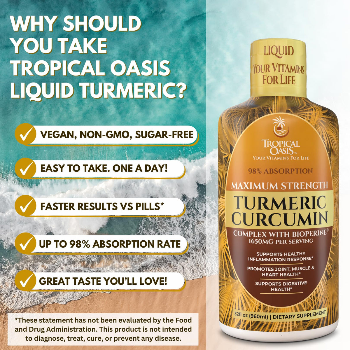 Bouteille de Tropical Oasis Curcuma Liquide 1650mg sur un fond neutre