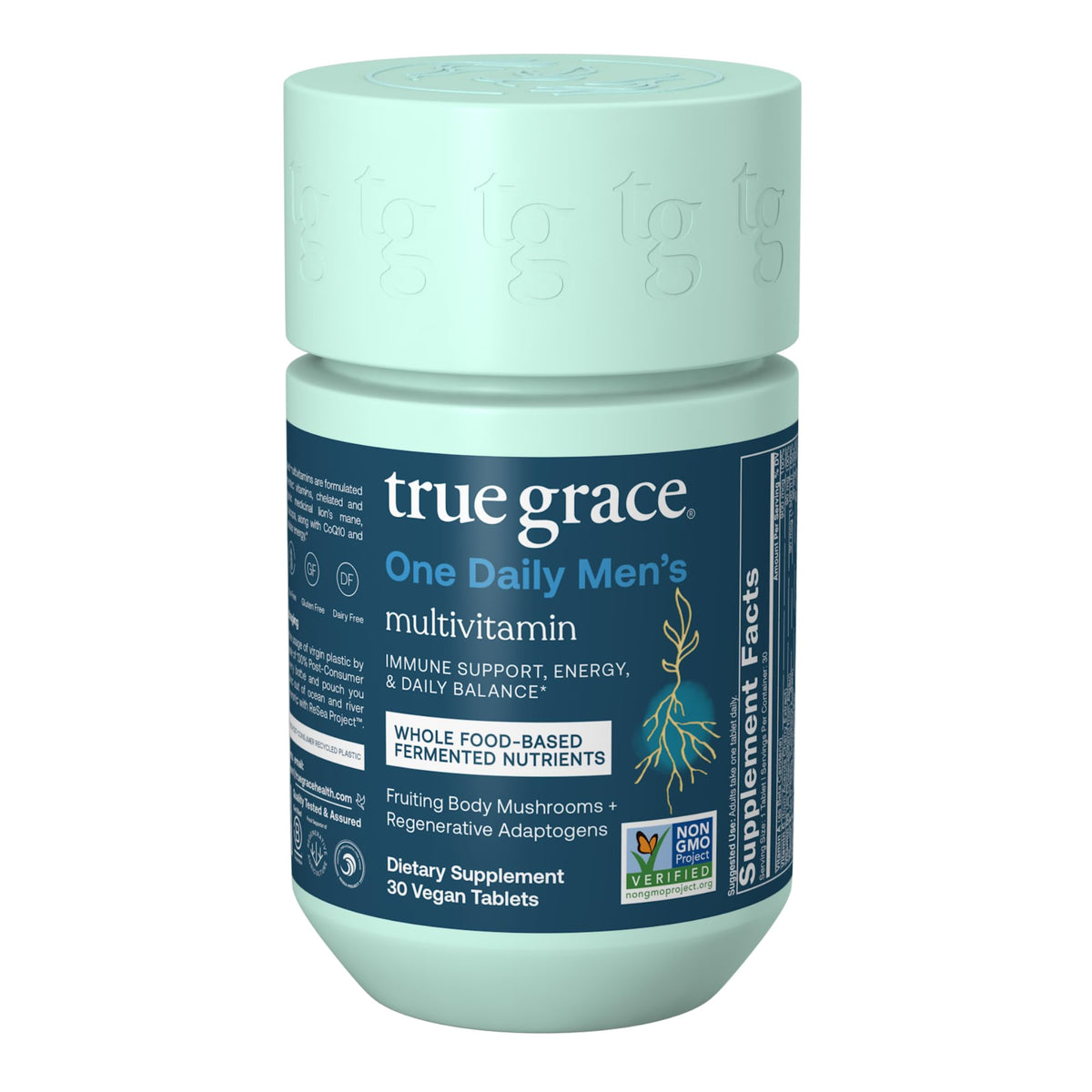 Bouteille de True Grace contenant 30 comprimés végétaliens de multivitamines.