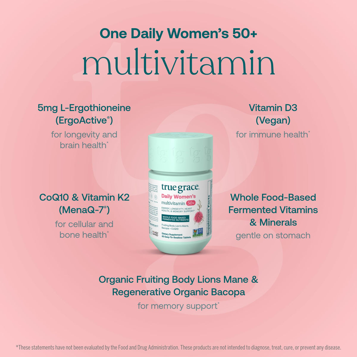 Bouteille de True Grace Multivitamine Quotidienne Femme 50+ avec étiquette visible