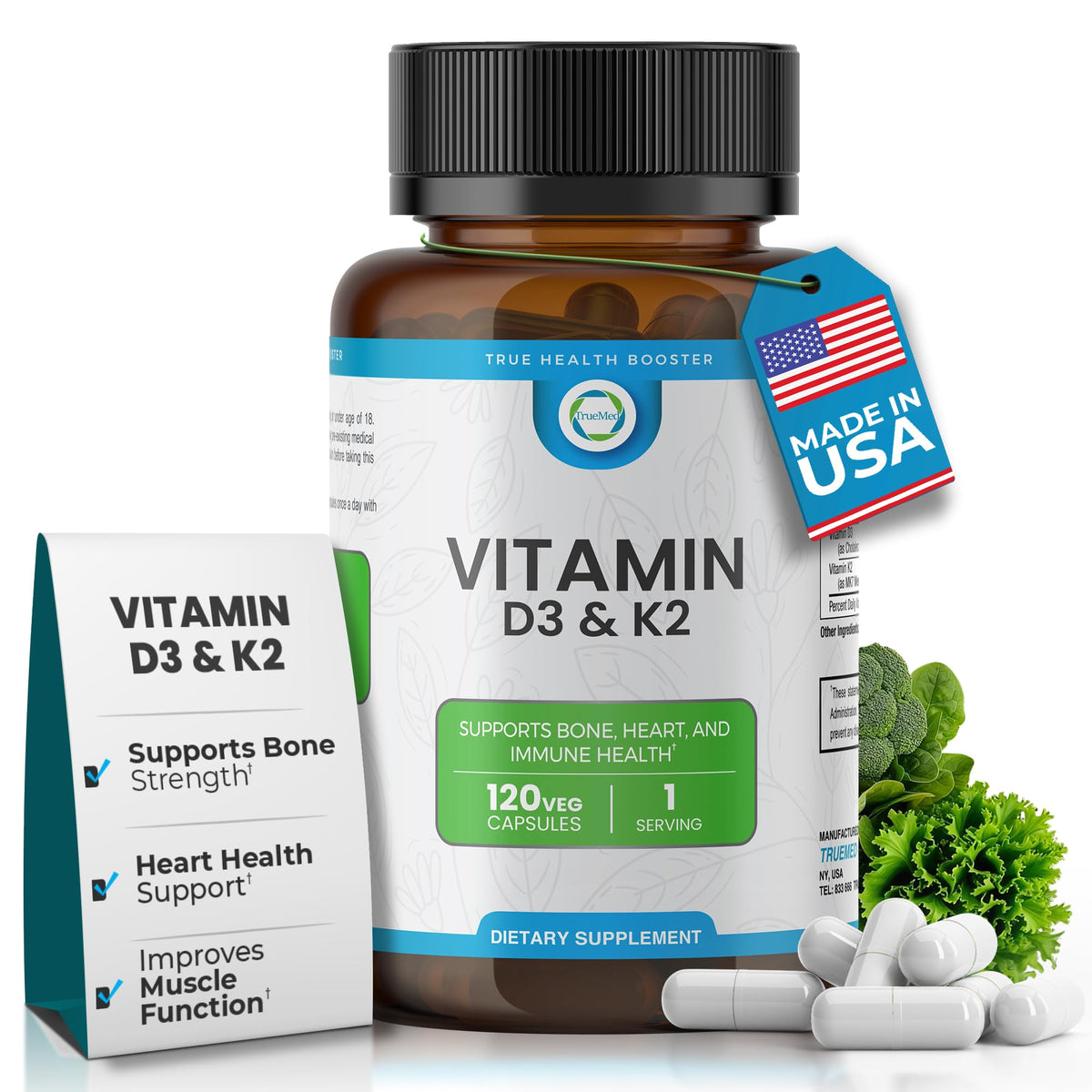 Bouteille de TRUEMED D3 K2 5000 IU avec 120 capsules