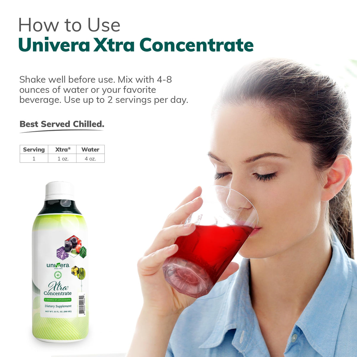 Bouteille de Univera Xtra Concentrate 1 L avec des fruits