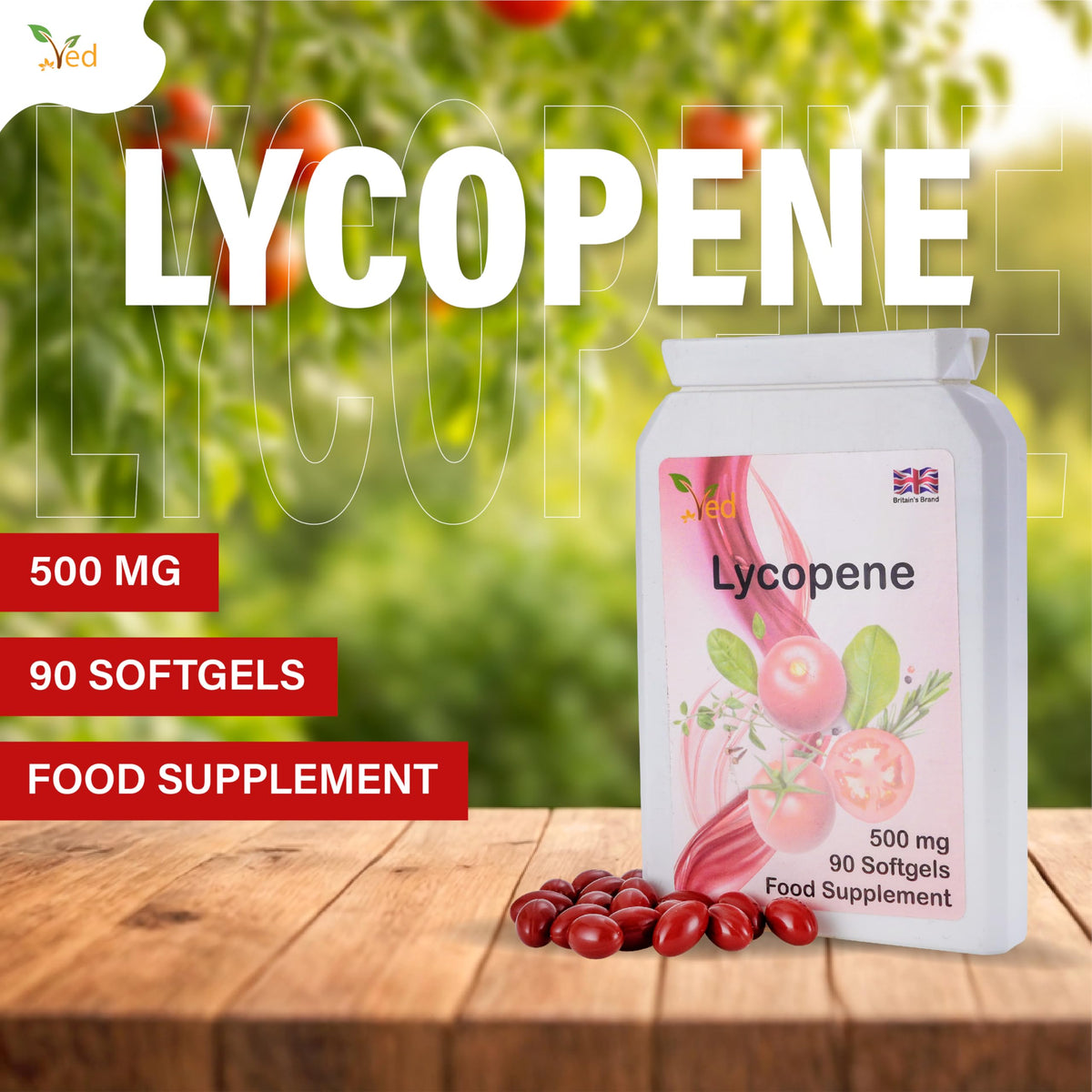 Bouteille de Ved Lycopène 500 mg avec étiquette clairement lisible