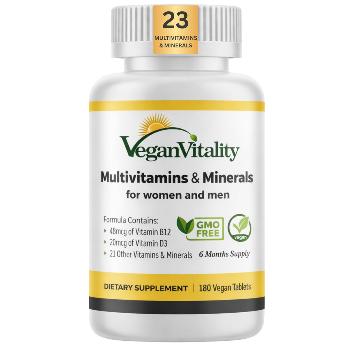 Bouteille de Vegan Vitality multivitamines 180 comprimés vue de face