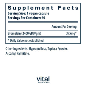 Bouteille de Vital Nutrients Bromélaïne, étiquette et dosage