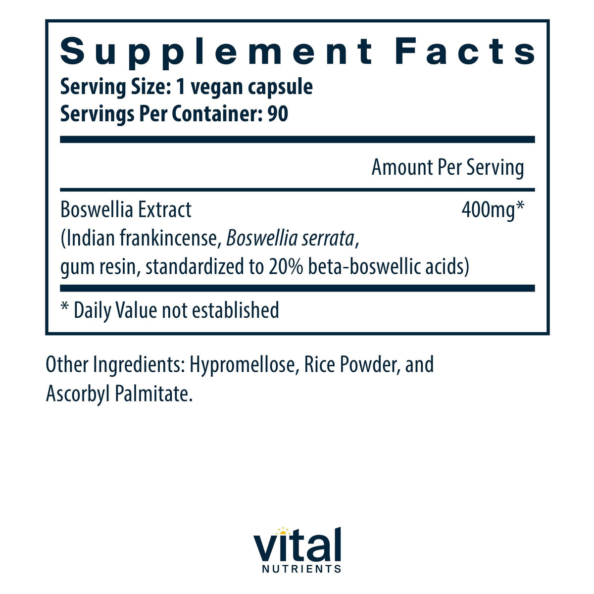 Bouteille de Vital Nutrients Extrait de Boswellia avec étiquette