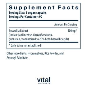 Bouteille de Vital Nutrients Extrait de Boswellia avec étiquette