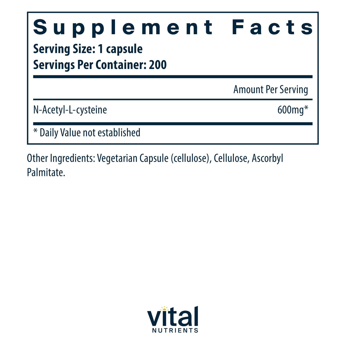 Bouteille de Vital Nutrients NAC 600mg avec étiquette