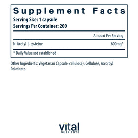 Bouteille de Vital Nutrients NAC 600mg avec étiquette