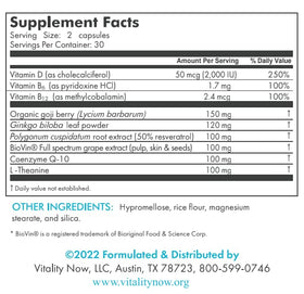 Bouteille de Vitality Now avec 60 capsules de renouveau cellulaire