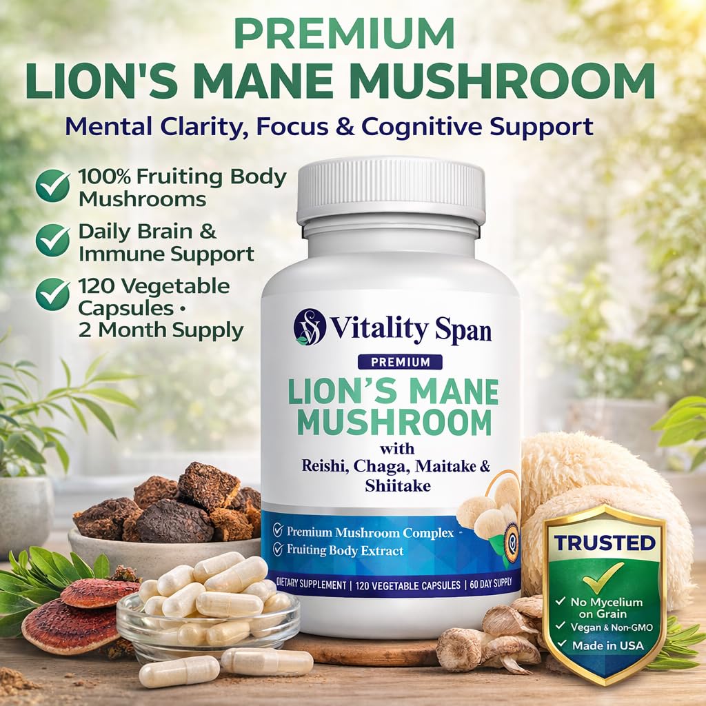 Bouteille de Vitality Span Complément Lion's Mane avec capsules à l'intérieur