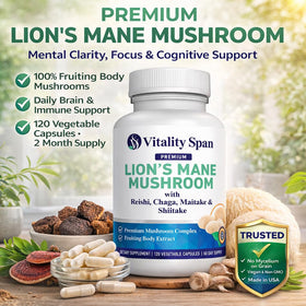 Bouteille de Vitality Span Complément Lion's Mane avec capsules à l'intérieur
