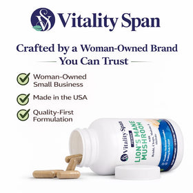 Bouteille de Vitality Span Complément Lion's Mane sur une table en bois