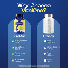 Bouteille de VitalOne Tributyrin 250 mg avec capsules à côté