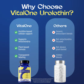 Bouteille de VitalOne Urolithin A 632mg avec vue sur le côté