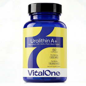 Bouteille de VitalOne Urolithin A 632mg vue de face avec étiquette claire
