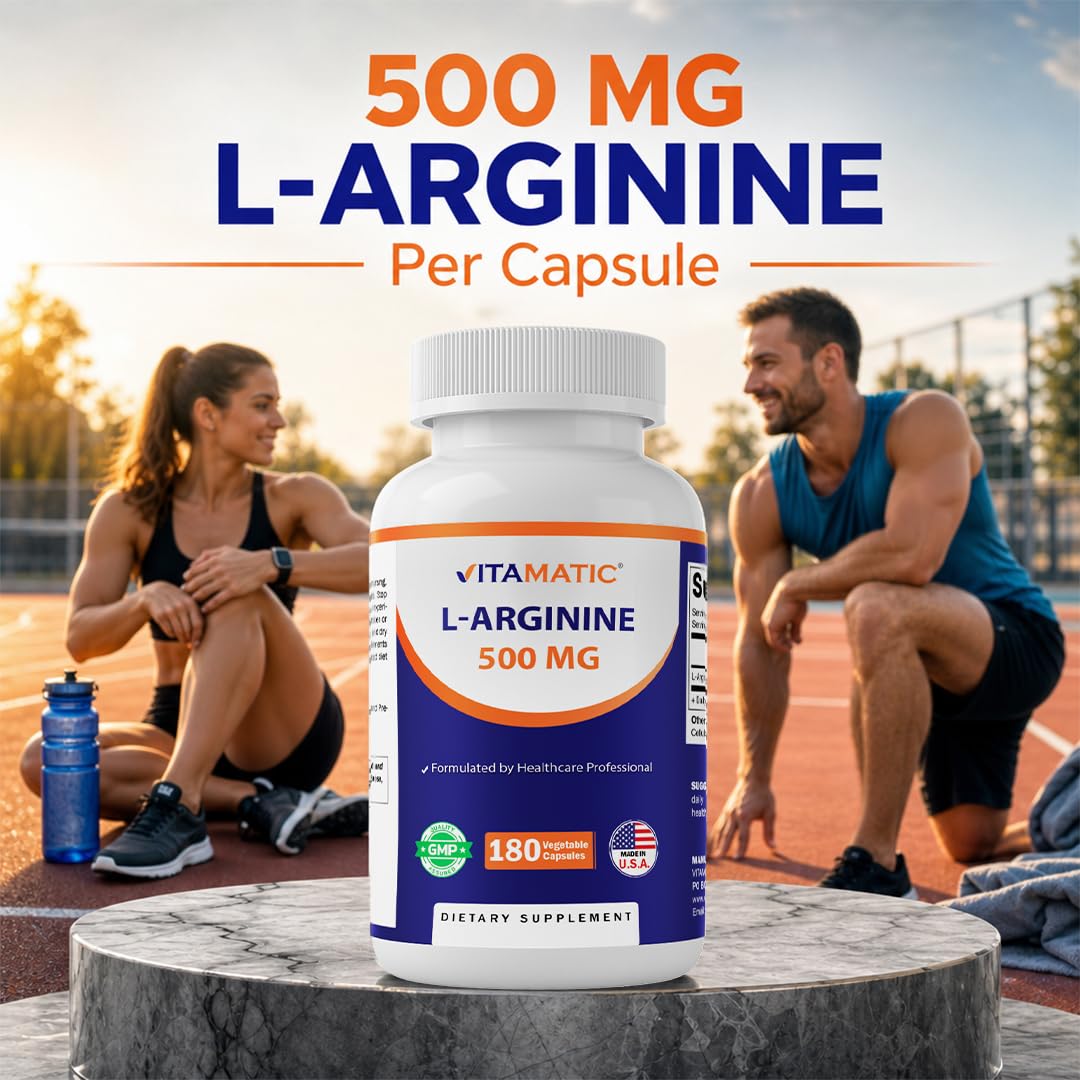 Bouteille de Vitamatic L-Arginine 500mg avec capsules à l'intérieur