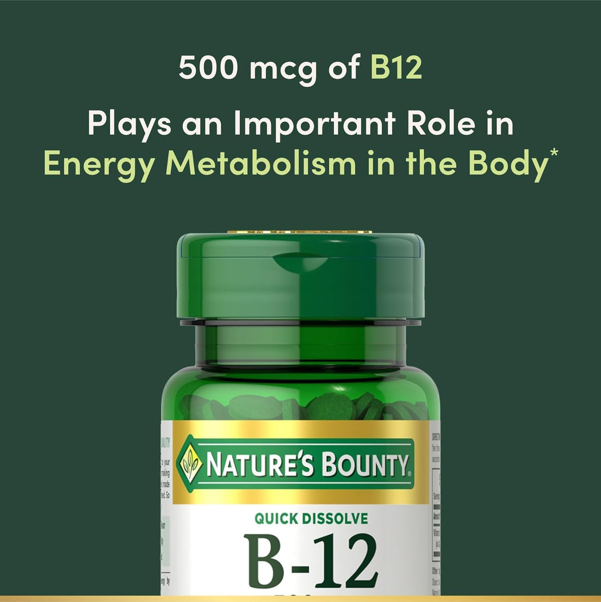 Bouteille de Vitamine B-12 Nature's Bounty avec bouchon ouvert