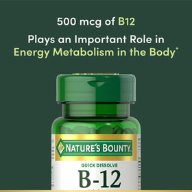 Bouteille de Vitamine B-12 Nature's Bounty avec bouchon ouvert