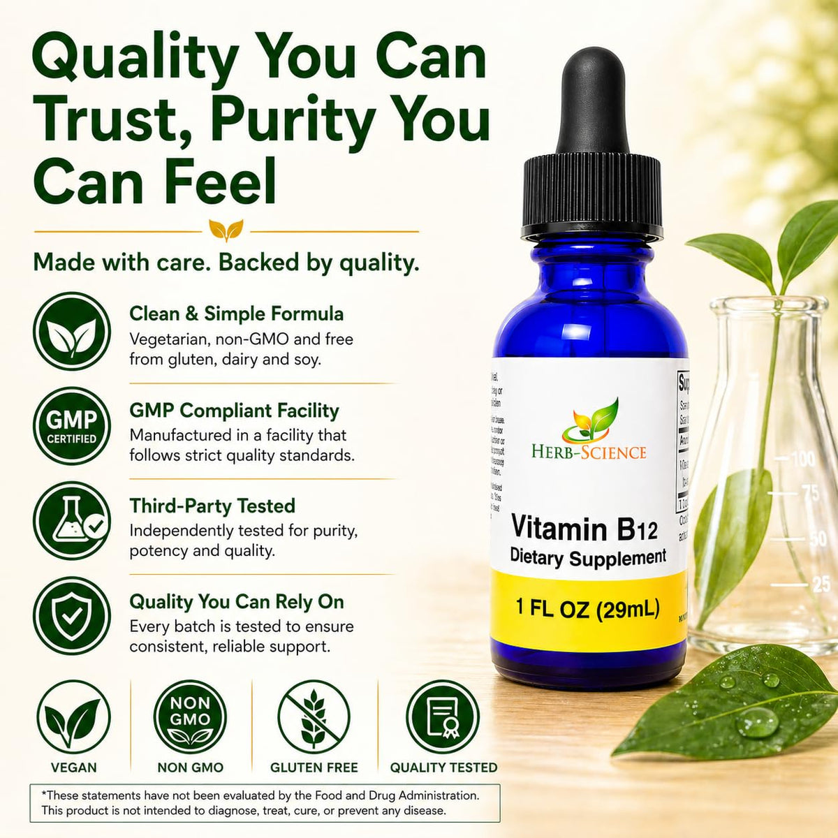 Bouteille de Vitamine B12 Herb-Science avec des légumes frais
