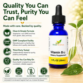 Bouteille de Vitamine B12 Herb-Science avec des légumes frais
