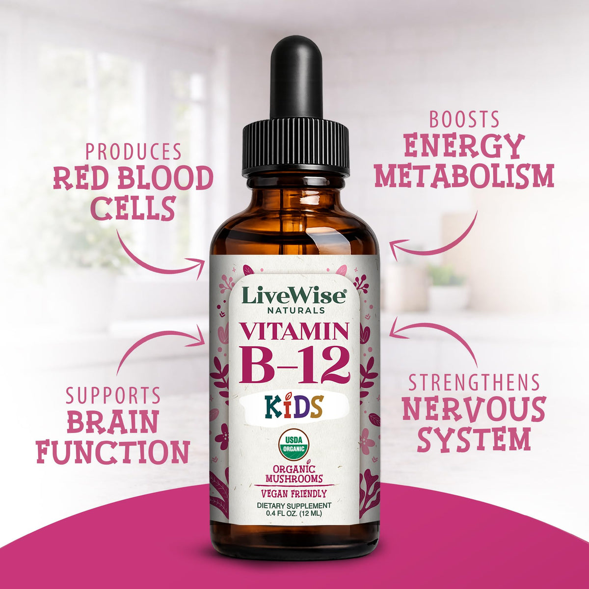 Bouteille de Vitamine B12 liquide avec étiquette de dosage pour enfants