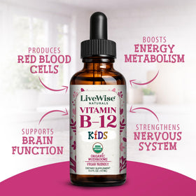 Bouteille de Vitamine B12 liquide avec étiquette de dosage pour enfants