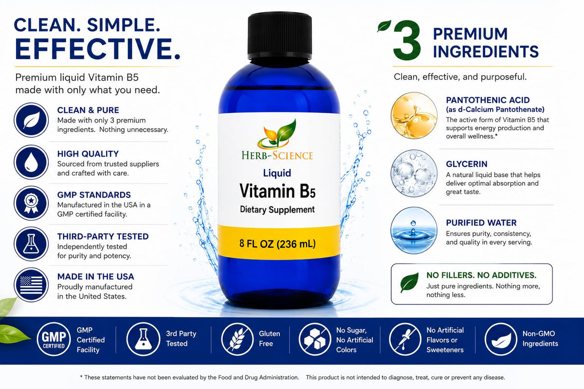 Bouteille de vitamine B5 Herb-Science avec cuillère à côté