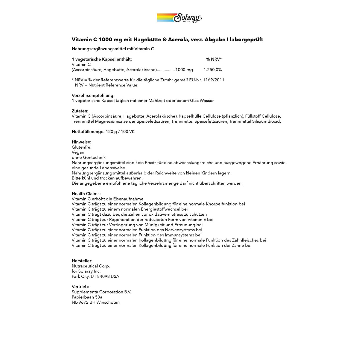 Bouteille de Vitamine C 1000 mg SOLARAY ouverte