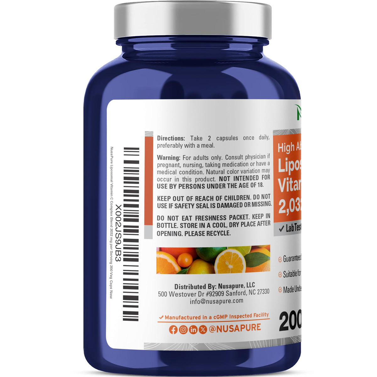Bouteille de Vitamine C Liposomale NusaPure avec 200 gélules