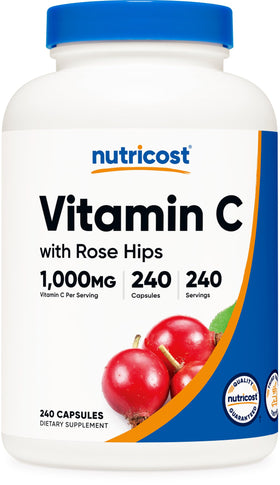 Bouteille de Vitamine C Nutricost avec Églantier, 240 capsules