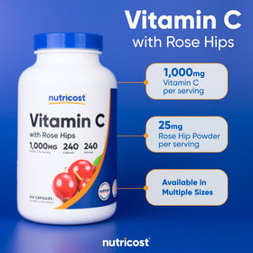 Bouteille de Vitamine C Nutricost sur une table