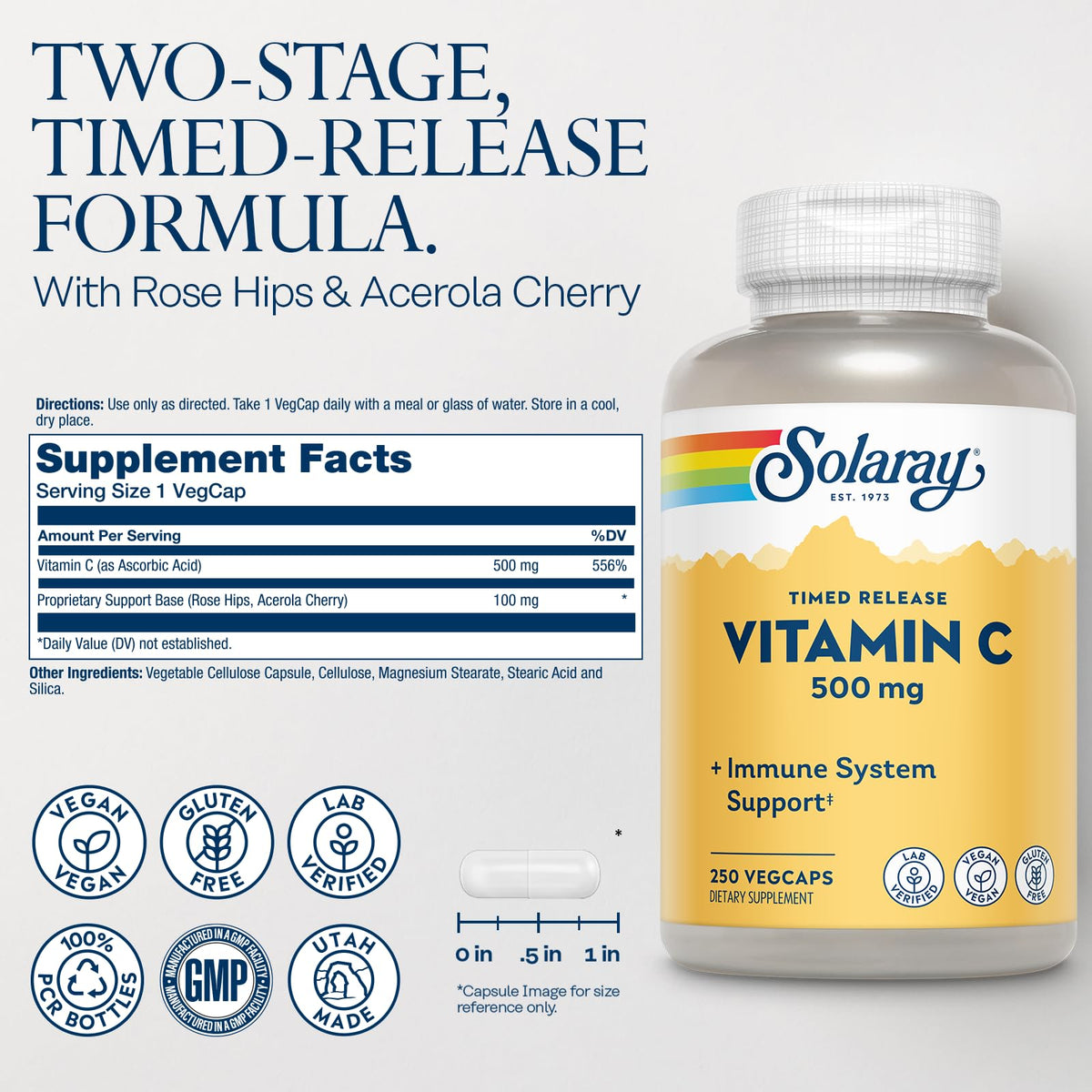 Bouteille de Vitamine C SOLARAY 250 VegCaps, vue de côté