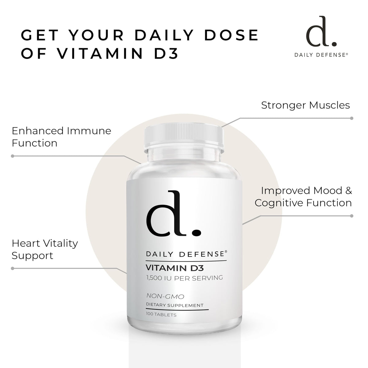 Bouteille de vitamine D3 Daily Defense ouverte