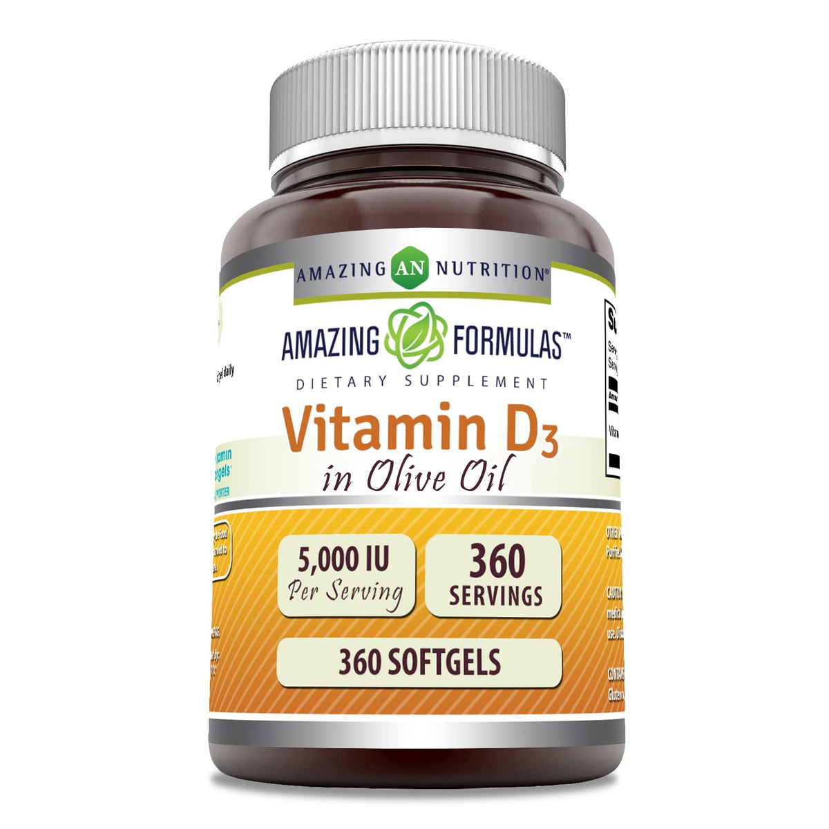 Bouteille de Vitamine D3 en Huile d'Olive 5000 IU Amazing Nutrition, 360 gélules