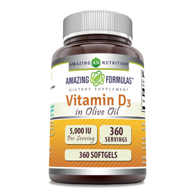 Bouteille de Vitamine D3 en Huile d'Olive 5000 IU Amazing Nutrition, 360 gélules
