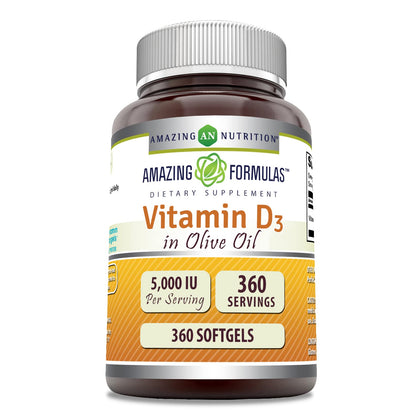 Bouteille de Vitamine D3 en Huile d'Olive 5000 IU Amazing Nutrition, 360 gélules